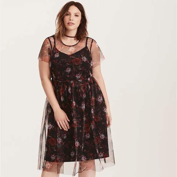 torrid Dresses & Skirts - Torrid | Black Mesh Floral Skater Dress 3X